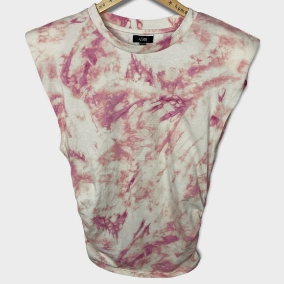 NEW Nordstrom AFRM Tie Dye Shoulder Pad Ruched Muscle Tee Size XS Boho Retro Top - Picture 2 of 14